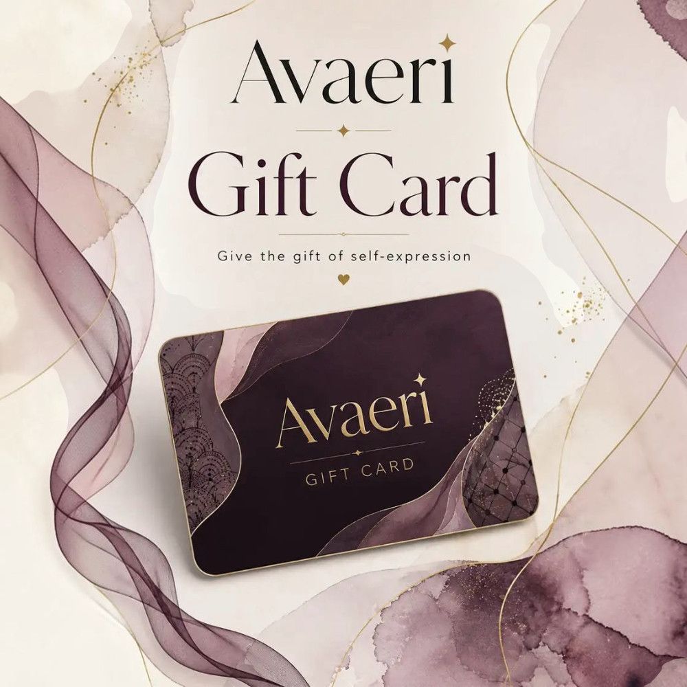 Avaeri gift card, featuring a deep purple abstract watercolor pattern with gold accents, boasts an elegant and artistically inspired design.