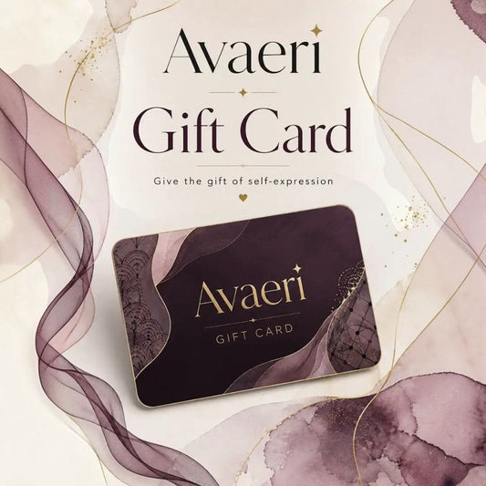 Avaeri gift card, featuring a deep purple abstract watercolor pattern with gold accents, boasts an elegant and artistically inspired design.